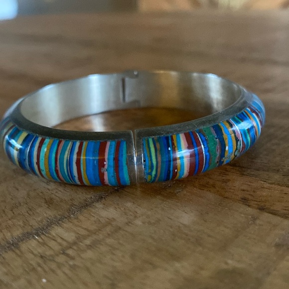 Jay King Mine Finds Rainbow Calsilica Hinge Bangle with Sterling Silver Inlay - Picture 1 of 6